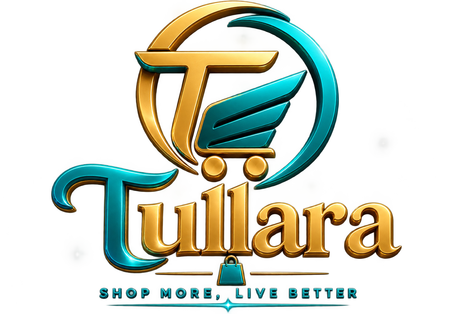 Tullara logo — gold script wordmark with a gold and teal shopping cart emblem